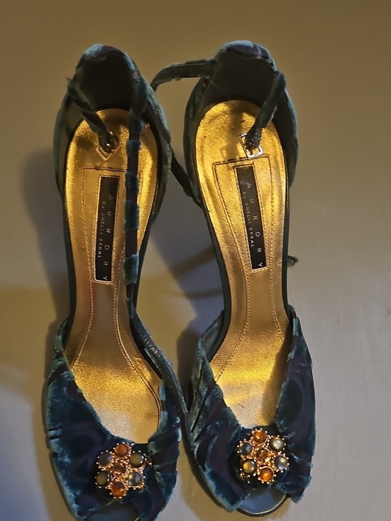 Laundry By Shelli Segal Shoes - Laundry By Shelli Segal Teal Velvet T-Strap Peep-Toe Heels with Jewel Brooch